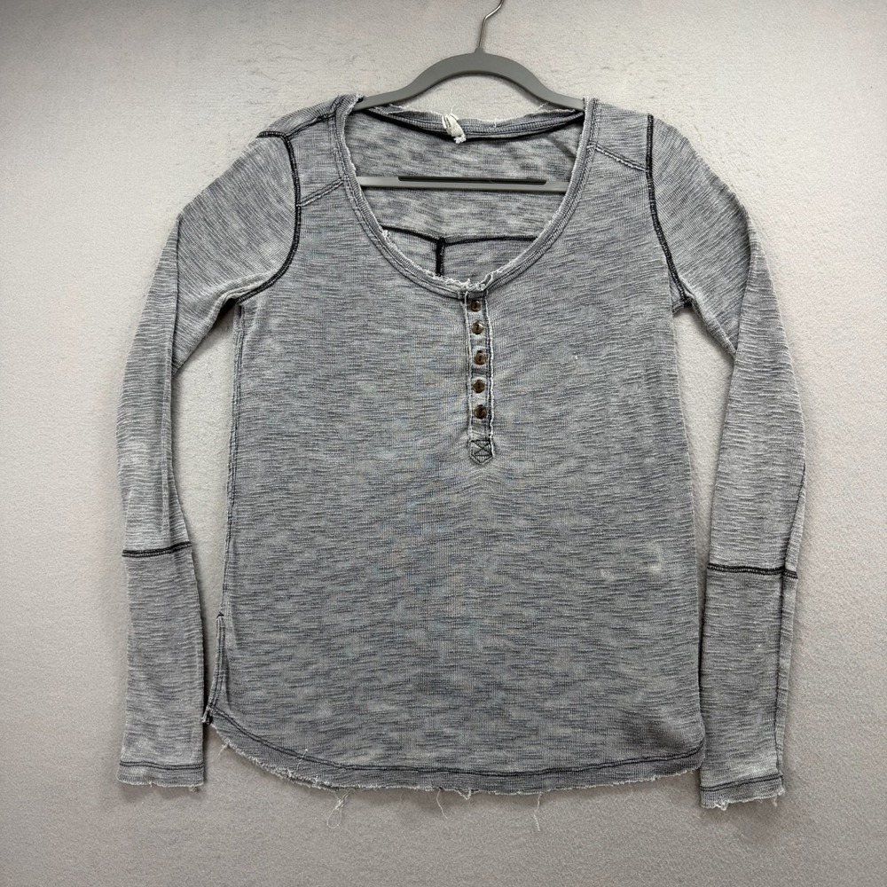 Free People Henley Top Womens XS Gray‎ Slub Knit Thermal Long Sleeve Scoop Neck